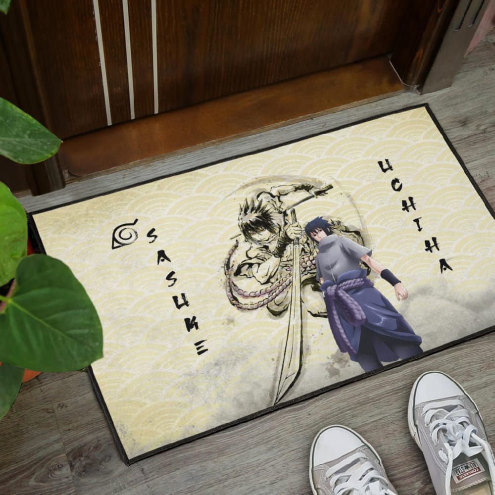 Naruto Anime Sasuke Uchiha Using Sword Black Painting Artwork Doormat